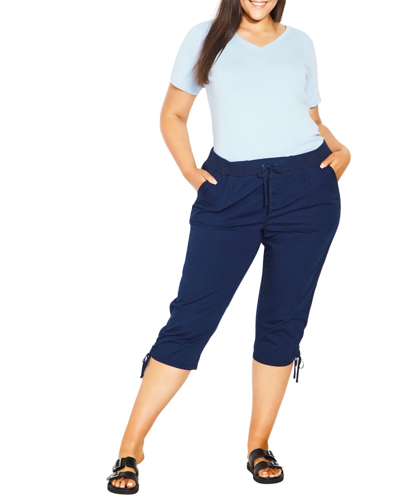 Front of a model wearing a size 14 CAPRI CTN CINCH E in Navy by avenue. | dia_product_style_image_id:265984